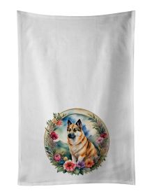 Norwegian Buhund and Flowers Kitchen Towel Set of 2 White Dish Towels Decorative Bathroom Hand towel for Hand, Face, Hair, Yoga, Tea, Dishcloth