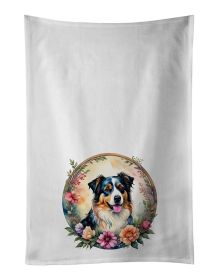 Australian Shepherd and Flowers Kitchen Towel Set of 2 White Dish Towels Decorative Bathroom Hand towel for Hand, Face, Hair, Yoga, Tea, Dishcloth