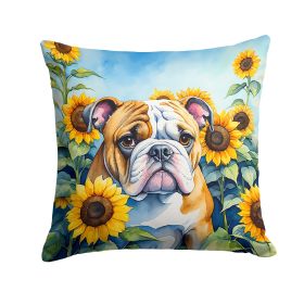 English Bulldog in Sunflowers Throw Pillow Machine Washable, Indoor Outdoor Decorative Pillow for Couch, Bed or Patio, 14Hx14W