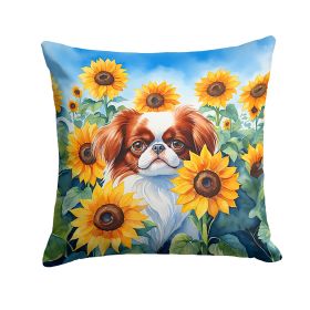 Japanese Chin in Sunflowers Throw Pillow Machine Washable, Indoor Outdoor Decorative Pillow for Couch, Bed or Patio, 14Hx14W