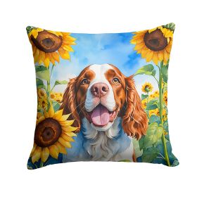 Welsh Springer Spaniel in Sunflowers Throw Pillow Machine Washable, Indoor Outdoor Decorative Pillow for Couch, Bed or Patio, 14Hx14W