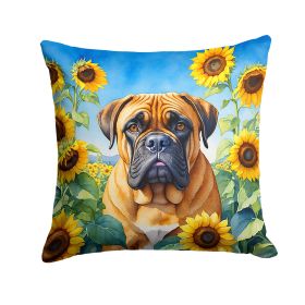 Bullmastiff in Sunflowers Throw Pillow Machine Washable, Indoor Outdoor Decorative Pillow for Couch, Bed or Patio, 14Hx14W