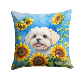 Maltese in Sunflowers Throw Pillow Machine Washable, Indoor Outdoor Decorative Pillow for Couch, Bed or Patio, 14Hx14W