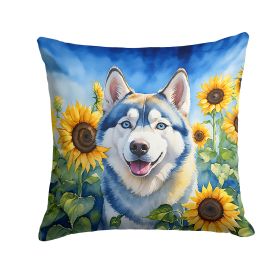 Siberian Husky in Sunflowers Throw Pillow Machine Washable, Indoor Outdoor Decorative Pillow for Couch, Bed or Patio, 14Hx14W