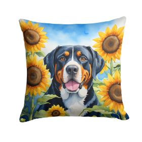 Greater Swiss Mountain Dog in Sunflowers Throw Pillow Machine Washable, Indoor Outdoor Decorative Pillow for Couch, Bed or Patio, 14Hx14W