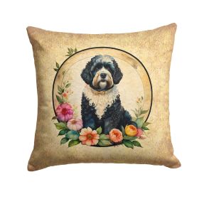 Portuguese Water Dog and Flowers Throw Pillow Machine Washable, Indoor Outdoor Decorative Pillow for Couch, Bed or Patio, 14Hx14W