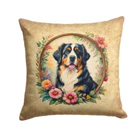 Bernese Mountain Dog and Flowers Throw Pillow Machine Washable, Indoor Outdoor Decorative Pillow for Couch, Bed or Patio, 14Hx14W