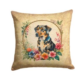 Catahoula Leopard Dog and Flowers Throw Pillow Machine Washable, Indoor Outdoor Decorative Pillow for Couch, Bed or Patio, 14Hx14W