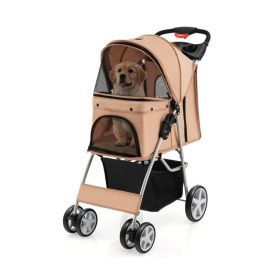 Folding Pet Stroller with Storage Basket and Adjustable Canopy